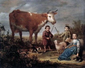 enfants et moutons de chien vache Peinture à l'huile